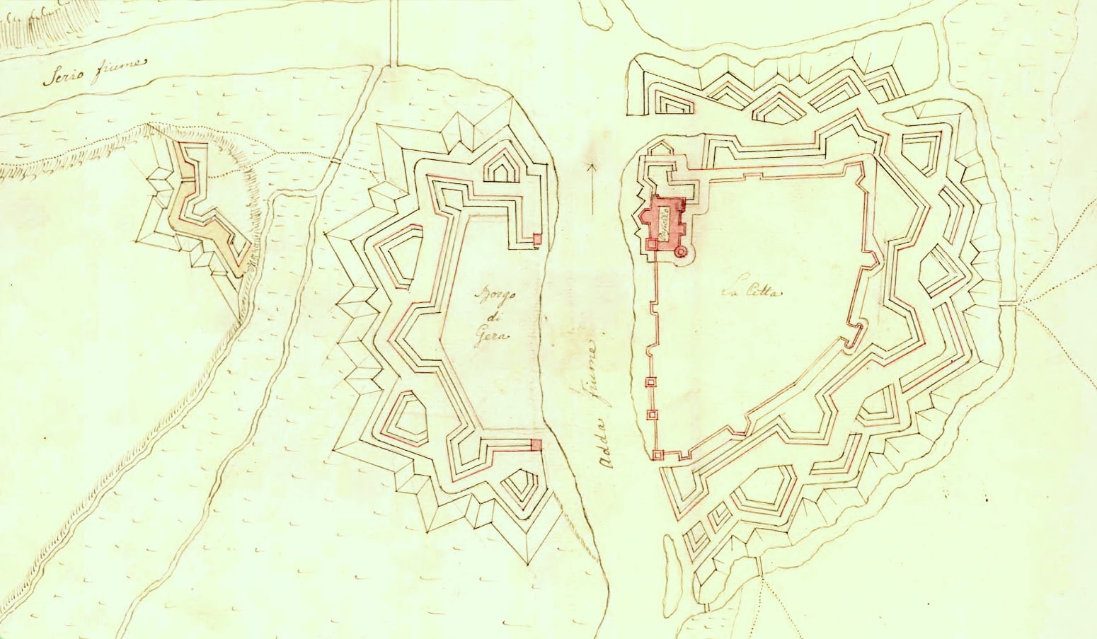 Anonimo (XVII-XVIII secolo), “Pianta della Città e Fortezza di Pizzighitone”, fine XVII-inizio XVIII secolo, matita, inchiostro e acquerello su carta (particolare). Stoccolma (Svealand – Svezia). Archivio Nazionale Svedese (Svenska Riksarkivet, Stockholm), Archivio di Guerra (Krigsarkiv), Piante di città e fortezze straniere (Utländska stads- och fästningsplaner), 406