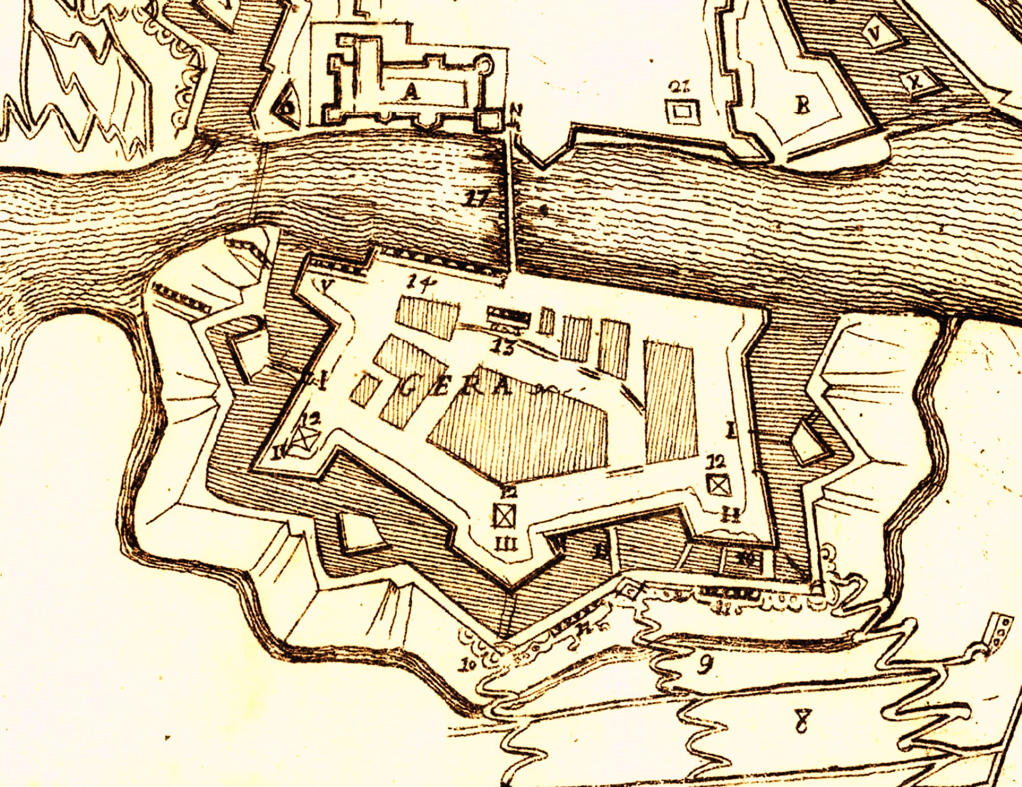 Anonimo, “Plan de Pizigiton et de Gera, avec toutes les ataques comences le 18. 9bre 1733 par les Armes des leur Mageste de France et de Sardaine”, Anni Trenta del XVIII secolo, incisione (particolare rielaborato raffigurante le fortificazioni di Gera). Pubblicata da: Jean Reisant, Milano Anni Trenta del XVIII secolo. Parigi (Île-de-France – Francia), Biblioteca Nazionale di Francia, département Cartes et plans, GE DD-2987 (5153)